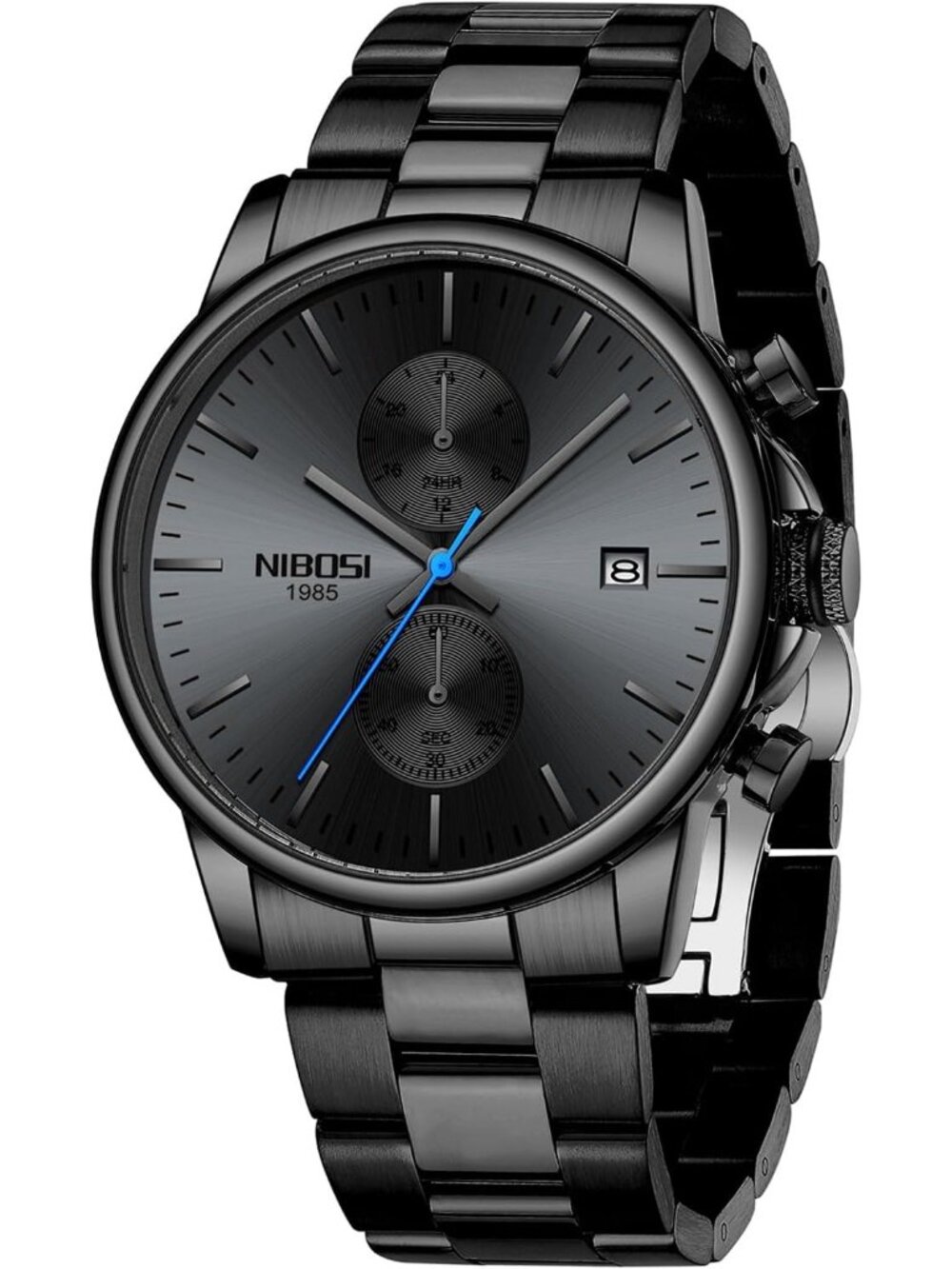 Men's Black Blue Stainless Steel Quartz Waterproof Day Date Casual Wrist Watch